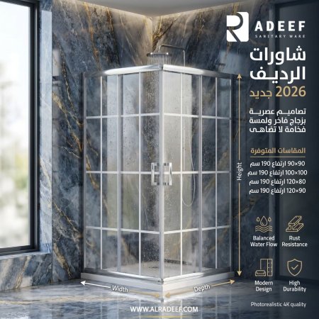 شاور 80*120 مربع ليران ابيض ارتفاع 190 سم 6 ميلي revilas